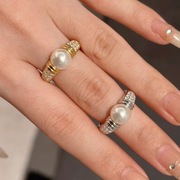 vintage中古金色戒指ins珍珠镶钻925纯银镀18k金复古轻奢宽版戒指