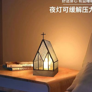 欧式床头复古台灯卧室睡眠夜灯创意禅意教堂手工玻璃摆件电子