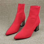 撤柜断码处理女鞋秋款针织尖头高跟时尚简约红色舒适袜子短靴
