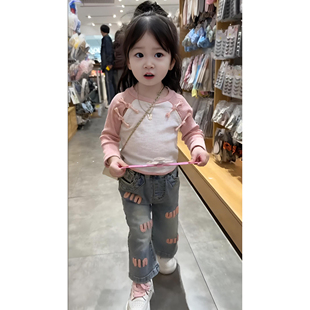韩国童装女童t恤长袖春季洋气女宝宝插肩袖韩版儿童针织上衣
