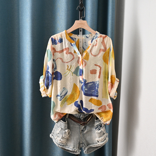 韩版设计感轻薄垂坠天丝棉印花衬衫，夏季显瘦v领宽松蝙蝠袖衬衫女