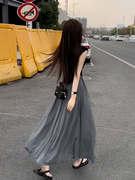 法式长裙赫本风灰色连衣裙子质感高级感小洋装小香风套装夏季女装