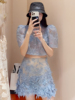 越南设计师蕾丝薄纱钩花网纱，泡泡袖短袖圆领上衣半裙两件套装