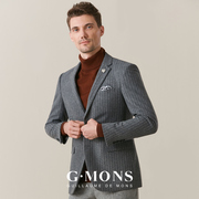 吉约蒙羊毛西装外套男修身商务休闲灰色条纹单西冬季厚款西服上衣