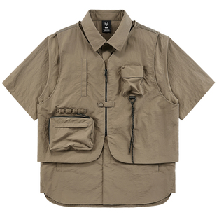 设计感假两件短袖衬衫男夏季山系工装马甲拼接衬衣多口袋上衣