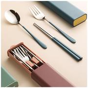 不锈钢筷子勺子叉子三件套便当套装收纳盒上班族日式家用