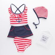 女童泳衣条纹三角款宝宝女式泳装带帽公主裙，四件套沙滩儿童游泳衣