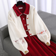 秋装女套装2023小香风，本命年红色穿搭针织开衫连衣裙子两件套