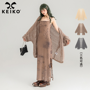 keiko镂空针织开衫女2024春季慵懒风蝙蝠袖毛衣披肩外套外搭罩衫