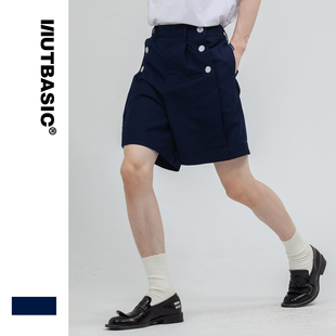 nutbasic双排扣打褶海军短裤，休闲裤子夏季通勤独立设计男女西裤