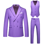男士大码西服三件套男装双排扣商务休闲正装西装外套紫色结婚礼服