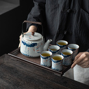 景德镇草木灰手绘功夫茶具套装，家用复古青花，品茗陶瓷茶杯高档礼盒