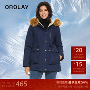 OROLAY欧绒莱23年冬季加绒连帽毛领派克服工装棉服外套女士