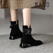 mano短靴女2023秋冬时尚，粗跟方头踝靴法式复古皮带扣马丁靴潮