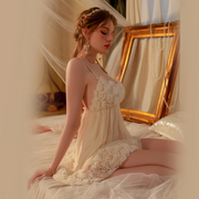 宫廷风甜美网纱花朵睡衣性感吊带蕾丝法式睡裙睡袍纯欲家居服套装