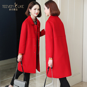 羊毛呢外套中长款红色，赫本大衣2020流行秋冬双面呢水波纹女装