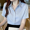 蓝色衬衫女2023夏季设计感小众雪纺上衣韩版短袖职业装宽松白衬衣