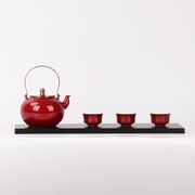 新中式样板房客厅茶几茶具，茶室摆台红色陶瓷，茶壶茶杯套装组合摆件