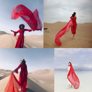 青海湖茶卡盐湖沙漠夏季大红色，旅游棉麻围巾女防晒披肩民族风丝巾