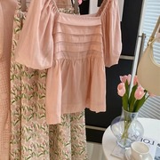 粉色一字肩娃娃衫上衣，半身裙夏季法式泡泡袖，雪纺衬衫超仙甜美套装