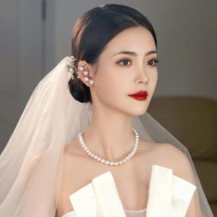 新娘项链韩式甜美珍珠颈链耳钉，超仙圆珠锁骨链婚纱礼服配饰品