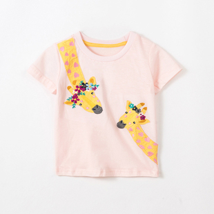 夏季女童宝宝t恤短袖长颈鹿贴布刺绣体恤小女孩纯棉圆领上衣