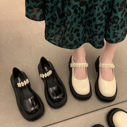 玛丽珍小皮鞋女2022年春夏季时尚圆头浅口珍珠一字带中跟单鞋