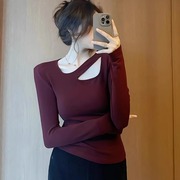 2023春秋韩版打底衫女装高级感薄款内搭镂空修身长袖t恤上衣