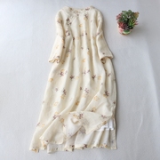 复古文艺苎麻印花中袖连衣裙，夏季女装气质小立领中长改良版旗袍裙