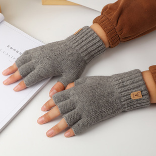 男士半指手套女保暖断指办公写字便捷学生加厚针织毛线手套秋冬季
