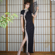 黑色改良蕾丝长旗袍，2024年中国风日常可穿短袖，显瘦连衣裙优雅