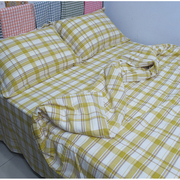 黄白色格子裸睡纯棉色织水洗棉布床单被套全棉枕套学生宿舍四件套