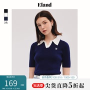 eland衣恋短袖t恤女撞色翻领敞口针织衫上衣女休闲风夏