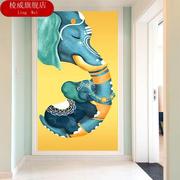 定制瑜伽竖版走廊装饰壁画大象图案玄关壁纸贴画，过道油画艺术墙布