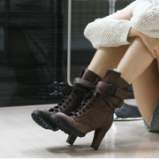 韩国女鞋秋冬季系带皮带扣粗高跟马丁靴短靴显瘦女靴子