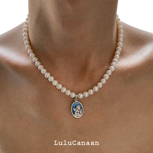 lulucanaan天然淡水珍珠长，项链复古风，做旧蓝釉宫廷情侣款原创设计