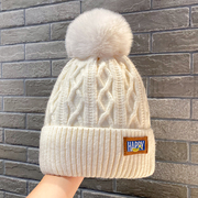 加绒毛线帽女冬季大头围护耳毛球帽子加厚保暖东北冷帽白色针织帽