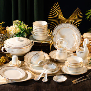 锦怡佳景德镇陶瓷器骨瓷餐具，碗碟套装家用欧式吃饭套碗盘子组合