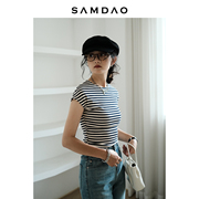 SAMDAO 美式休闲超短袖藏蓝色拼杏色条纹T恤女修身时髦百搭夏季