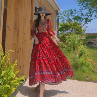 三亚度假连衣裙沙滩拍照女海边长裙红色长袖夏季海滩，渡假波西米亚