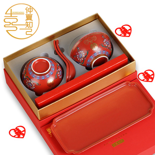 珐琅彩高档红色结婚喜碗筷套装陶瓷对碗新婚餐具喜碗一对婚庆用品