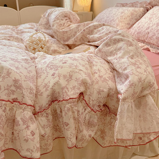 法式公主风床上四件套纯棉全棉双层纱花边被套床单被罩三件套床裙