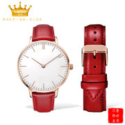 朗动表带适用于dw手表，表带真皮红色复古皮质表带，小方表28mm表链