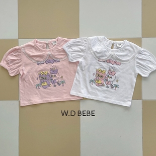 韩国童装woodie夏季女婴，童宝宝可爱卡通蕾丝翻领，圆领短袖t恤