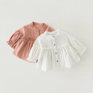女童白色娃娃衫，2024秋季儿童韩版甜美衬衫，森系宝宝长袖上衣潮