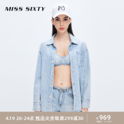 Miss Sixty长袖牛仔衬衫女复古条纹斯文通勤怀旧水洗宽松简约百搭