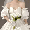 新娘手套森系缎面婚纱配饰遮手臂，抹胸婚纱礼服，短款手袖g可定制颜