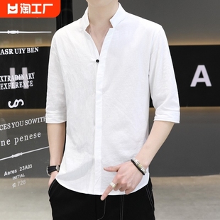 亚麻中国风衬衫男短袖，立领纯棉寸衫男士高级感白衬衣免烫2023年