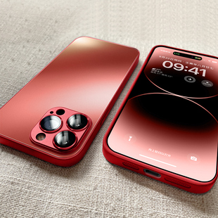 适用苹果14promax手机壳iphone13中国红磨砂玻璃12全包防摔十一金属镜头膜por超薄硅胶套plus男女高级感