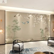 2022年中式电视背景墙，壁纸手绘花鸟刺绣，沙发影视墙布无缝壁